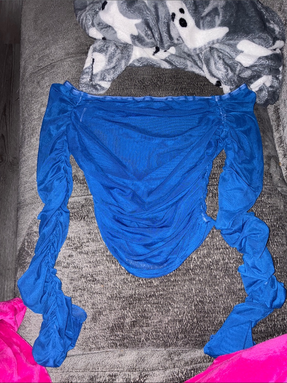Ladies Blue Ruched Off-Shoulder Top